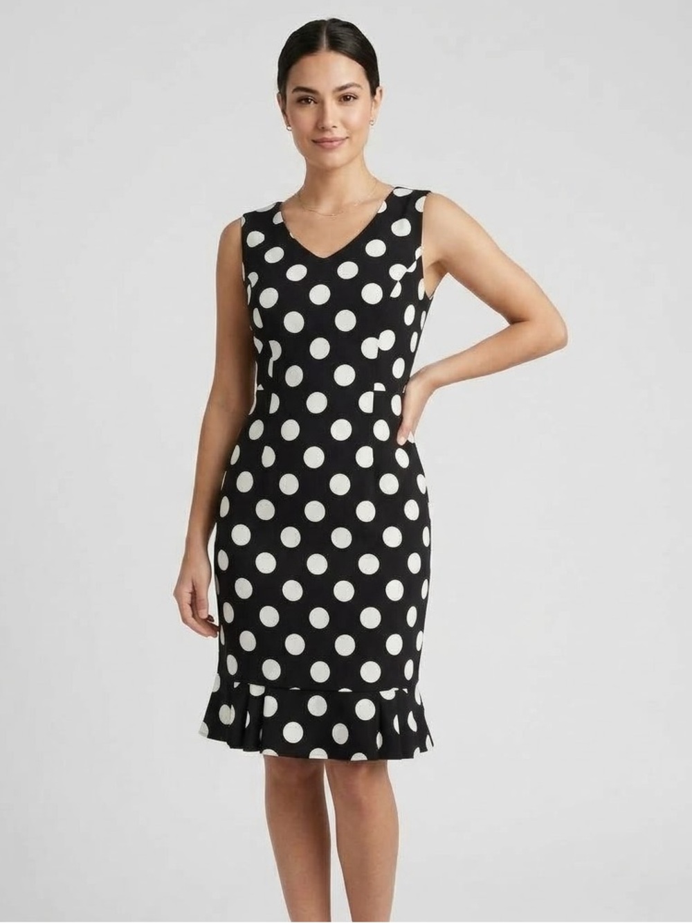 Polka Dot Sleeveless Black Dress with Flounce Hem